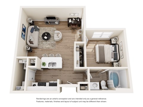 Floor plan for 1 bed, 1 bath, 654 sqft